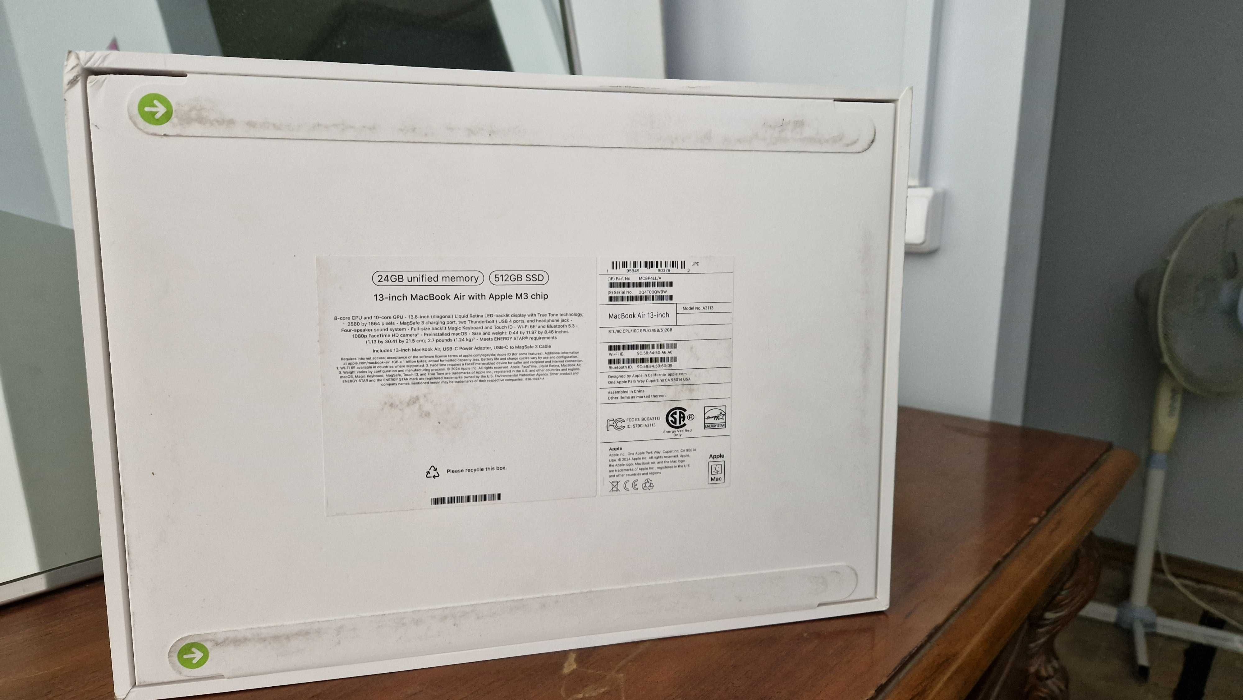 Macbook Air 13 cali, Apple M3 chip, 24GB RAM, 512 SSD Model 2024 A3113