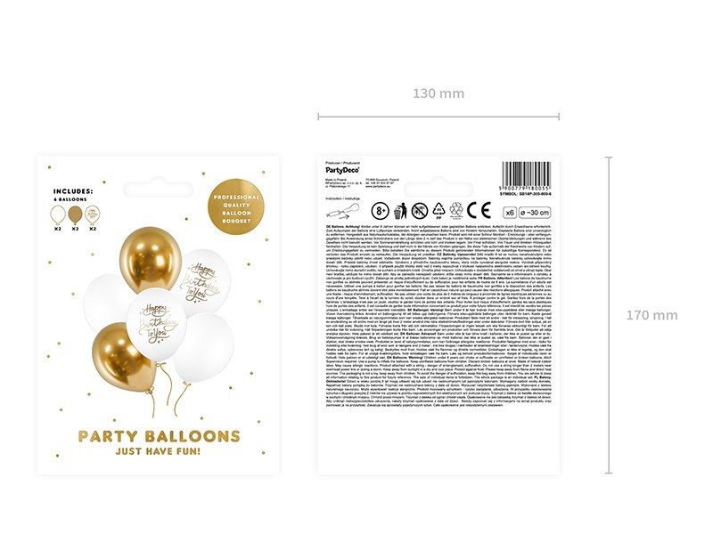 Balony 30cm Happy Birthday To You 6szt złoty biały