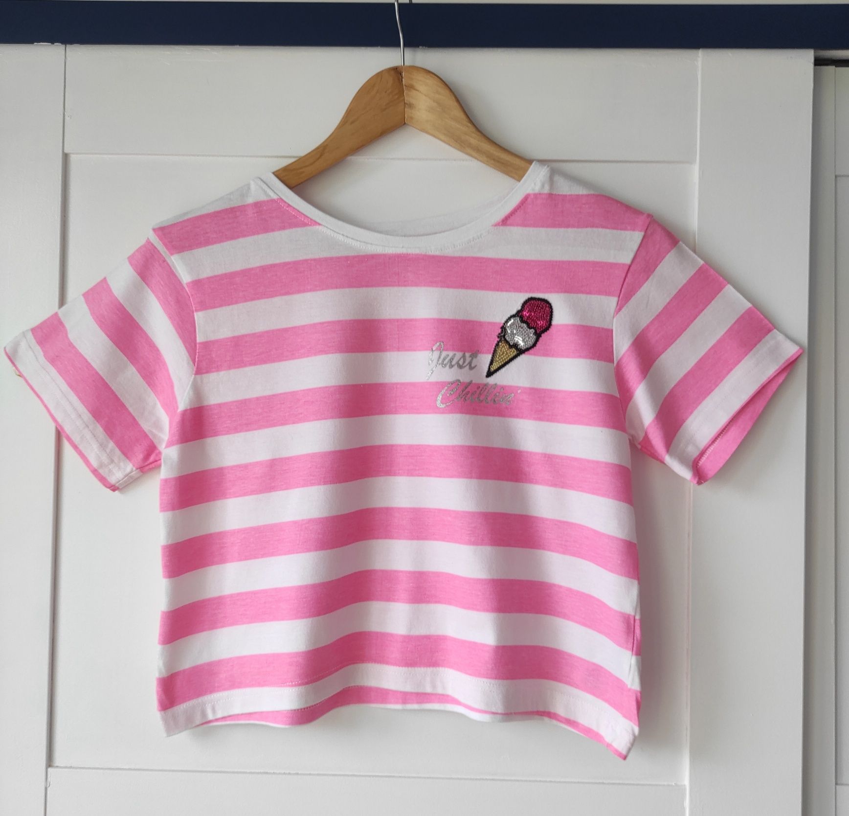 T-shirt bluzeczka biało różowa paski, cekiny Primark rozmiar 164