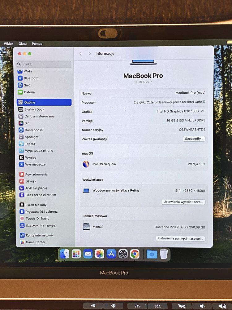 MacBook Pro 15” Sequoia 2017 A1707 TouchBar i7 2,8GHz 16GB RAM 256GB