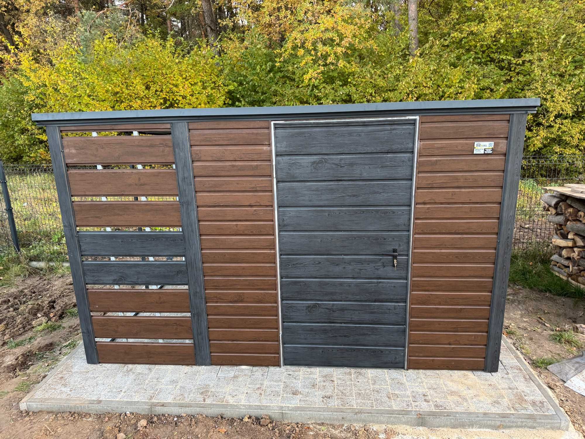 Garaż blaszany/schowek ogrodowy 3x2.5m, orzech + sosna, profil ocynk