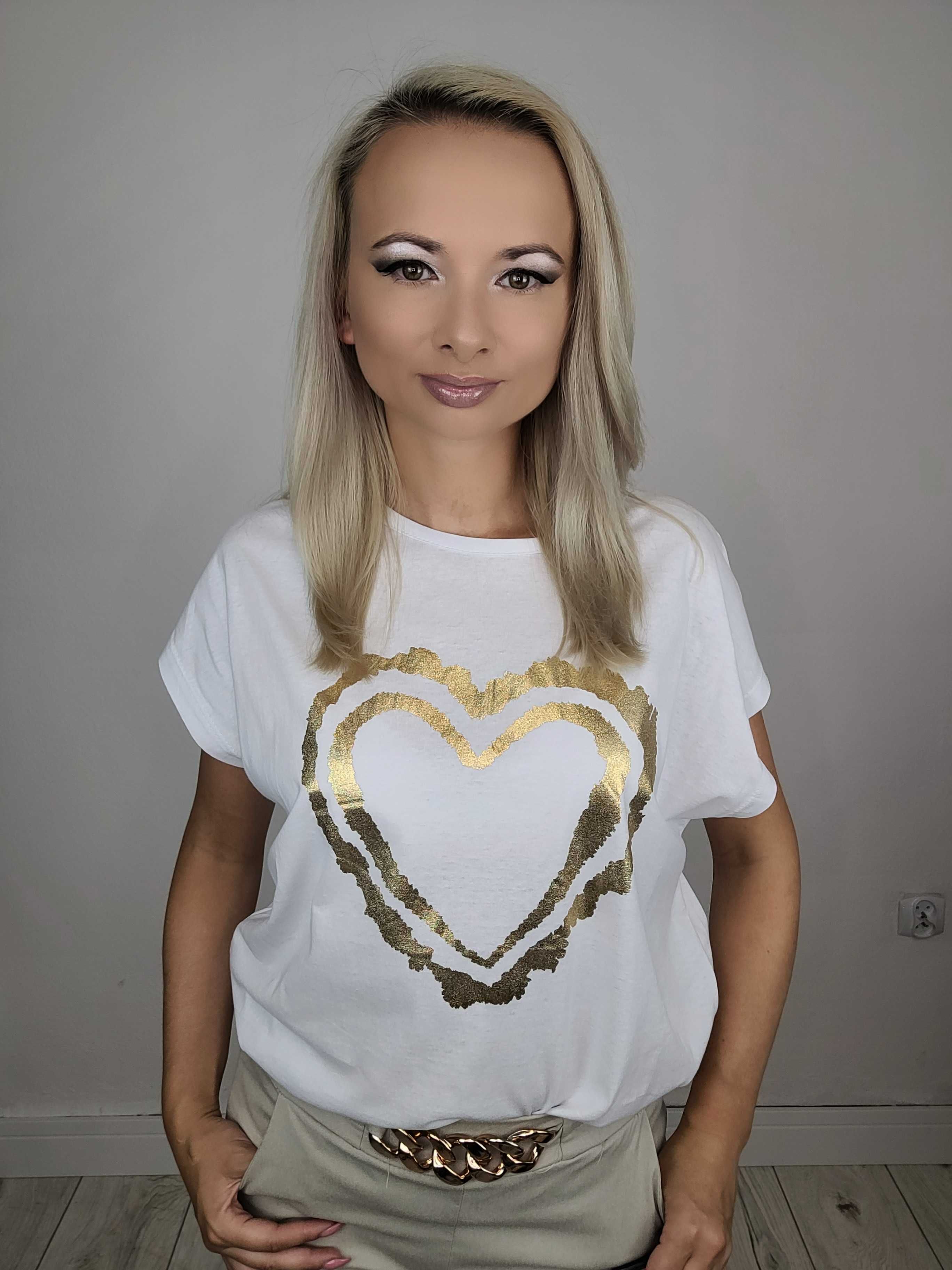 NOWY T-shirt koszulka damska BIAŁA ze złotym zdobieniem roz. 4XL