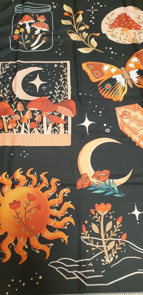 Makatka z leśną retro grafiką, Vintage makatka grzyby, Magia