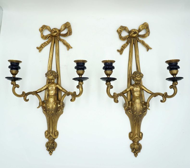 DUŻA para kinkietów świeczników ANIOŁKI porcelana z brązem