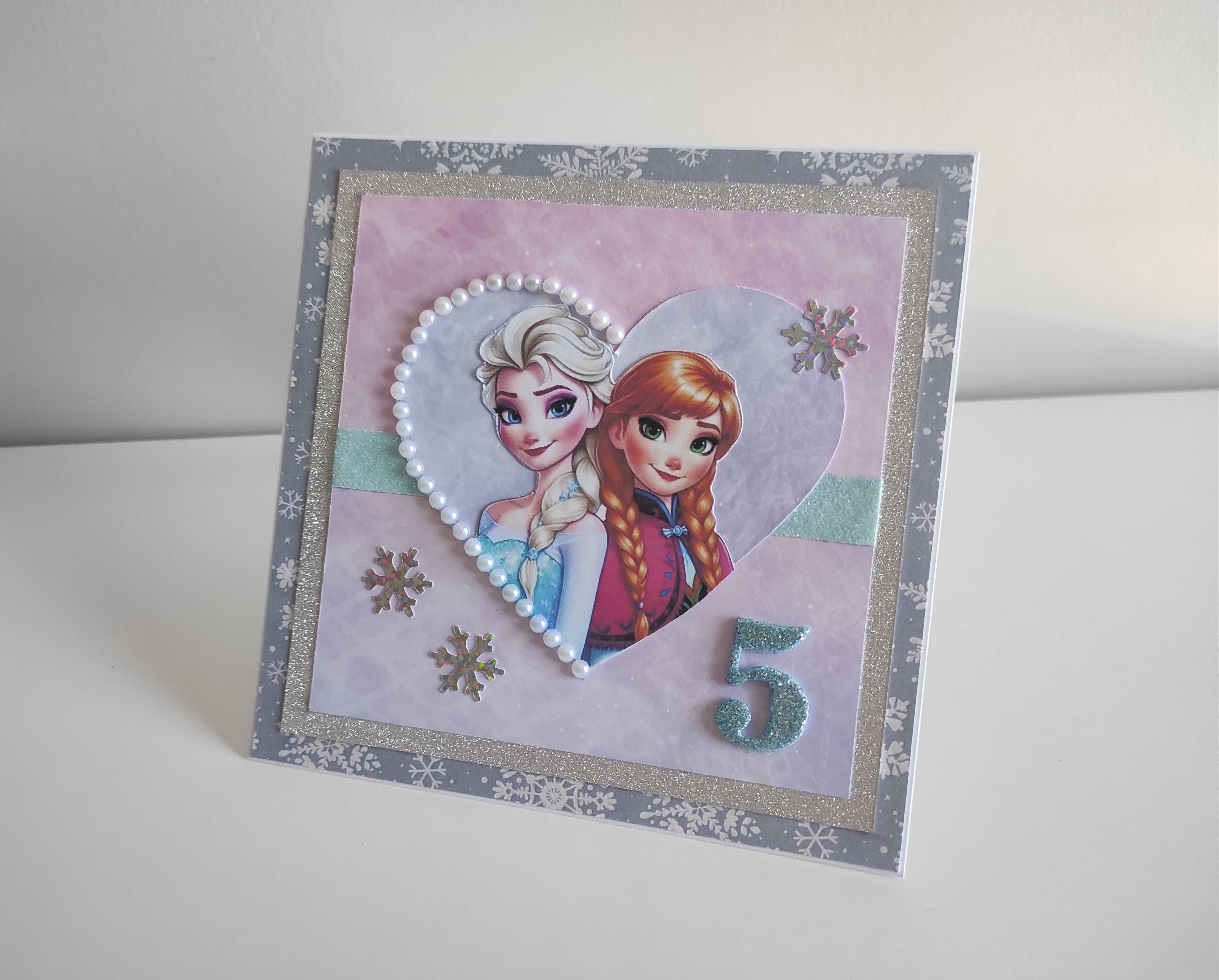 Kartka ręcznie robiona na urodziny Kraina Lodu Anna i Elsa