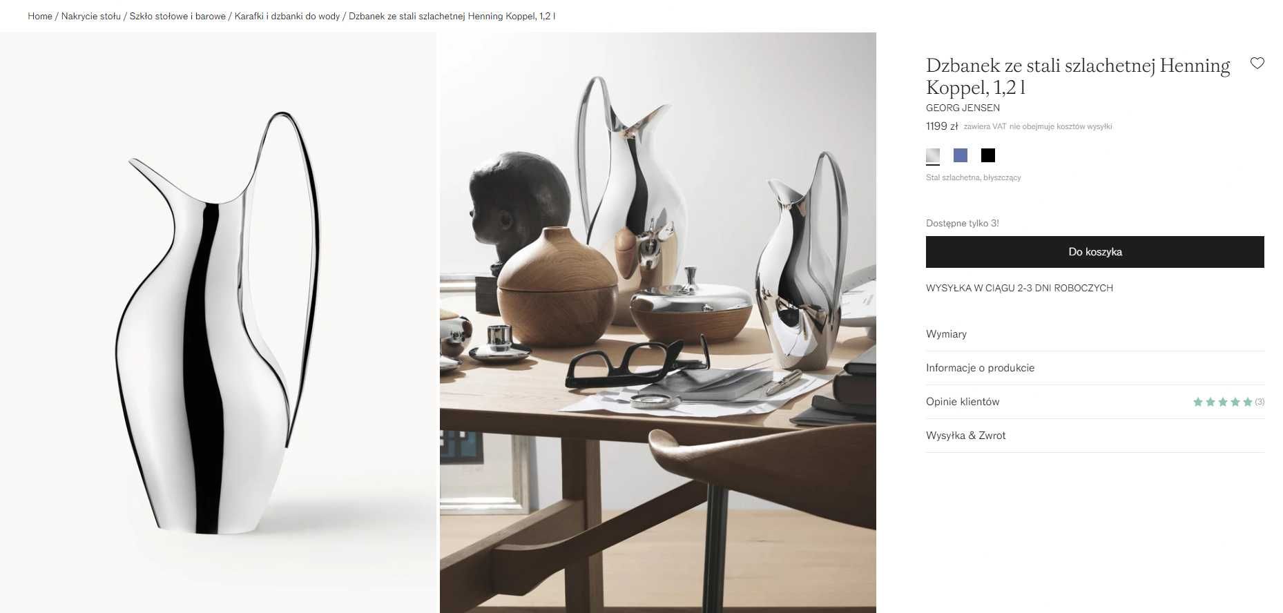 Georg Jensen / HENNING KOPPEL / Stalowy Dzbanek / 1,2 l / Srebrny