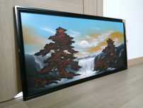 stary obraz wodospad duży 115 × 55 technika 3D drzewa brąz prl