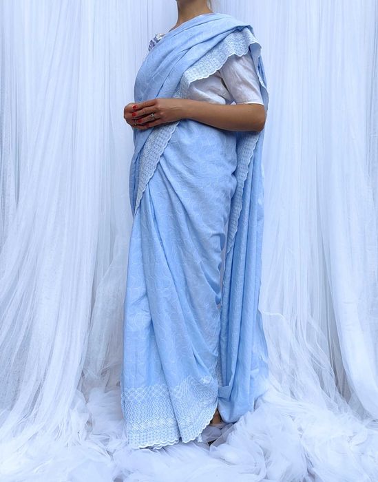 Niebieskie sari bawełna kupon materiału materiał sukienka Bollywood