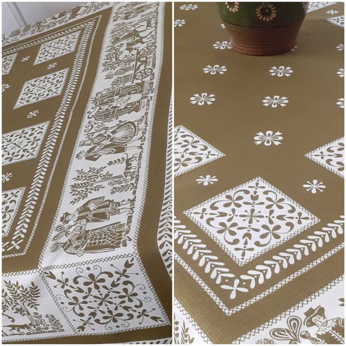 Obrus gruby lniany wzory etno folk biały i ciemna zieleń