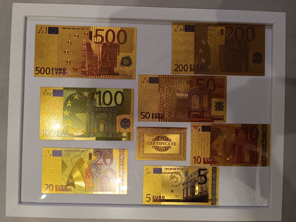 Zestaw złotych kolekcjonerskich banknotów EURO w ramce Prezent