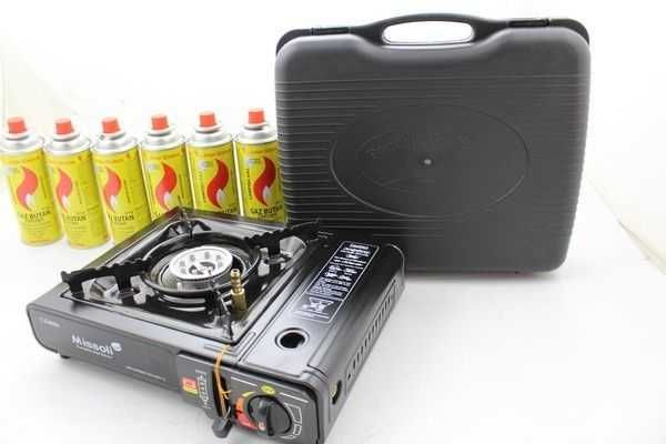 KUCHENKA gazowa turystyczna na kartusze w walizce +6 sztuk GAZ KARTUSZ