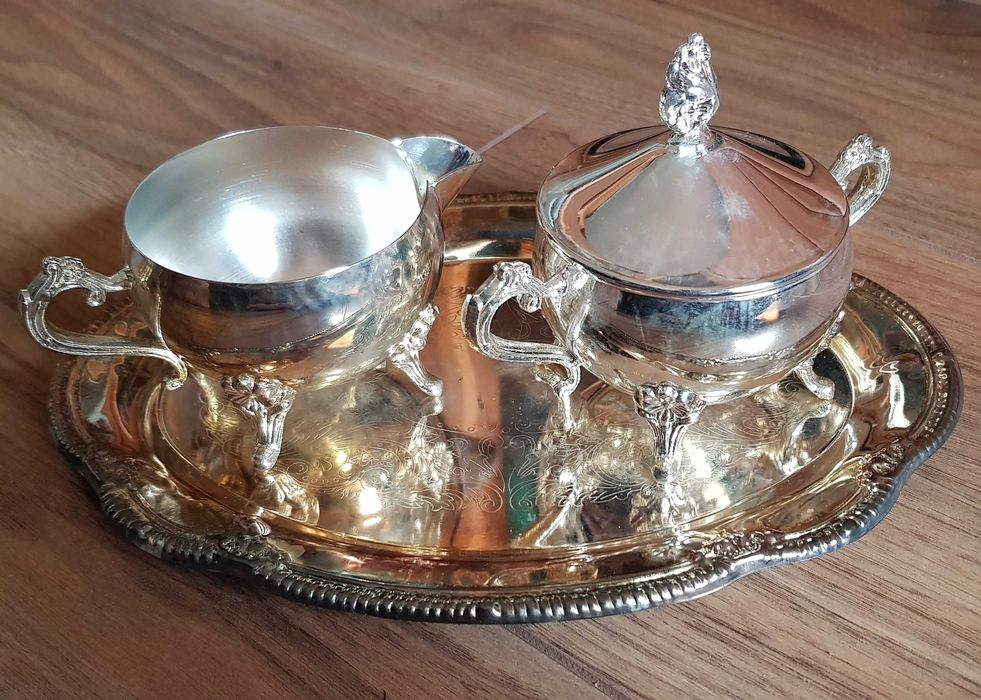 Zestaw platerowany, tacka, cukiernica, mlecznik