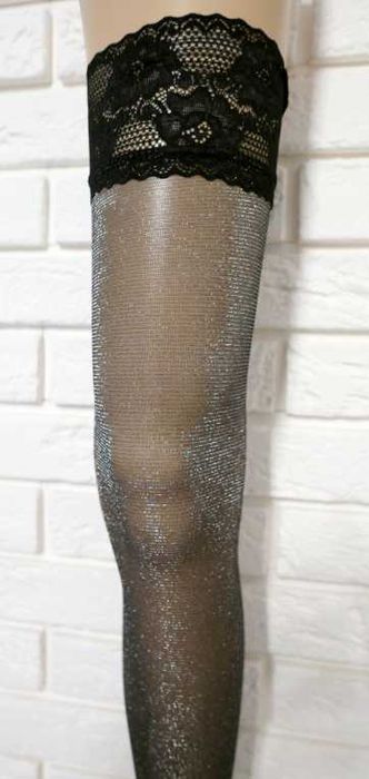 Ekskluzywne błyszczące pończochy samonośne z lurexem FIORE czarne r. 4