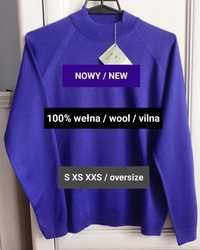 S XS oversize wełniany sweter vintage 100% wełna indygo unikat