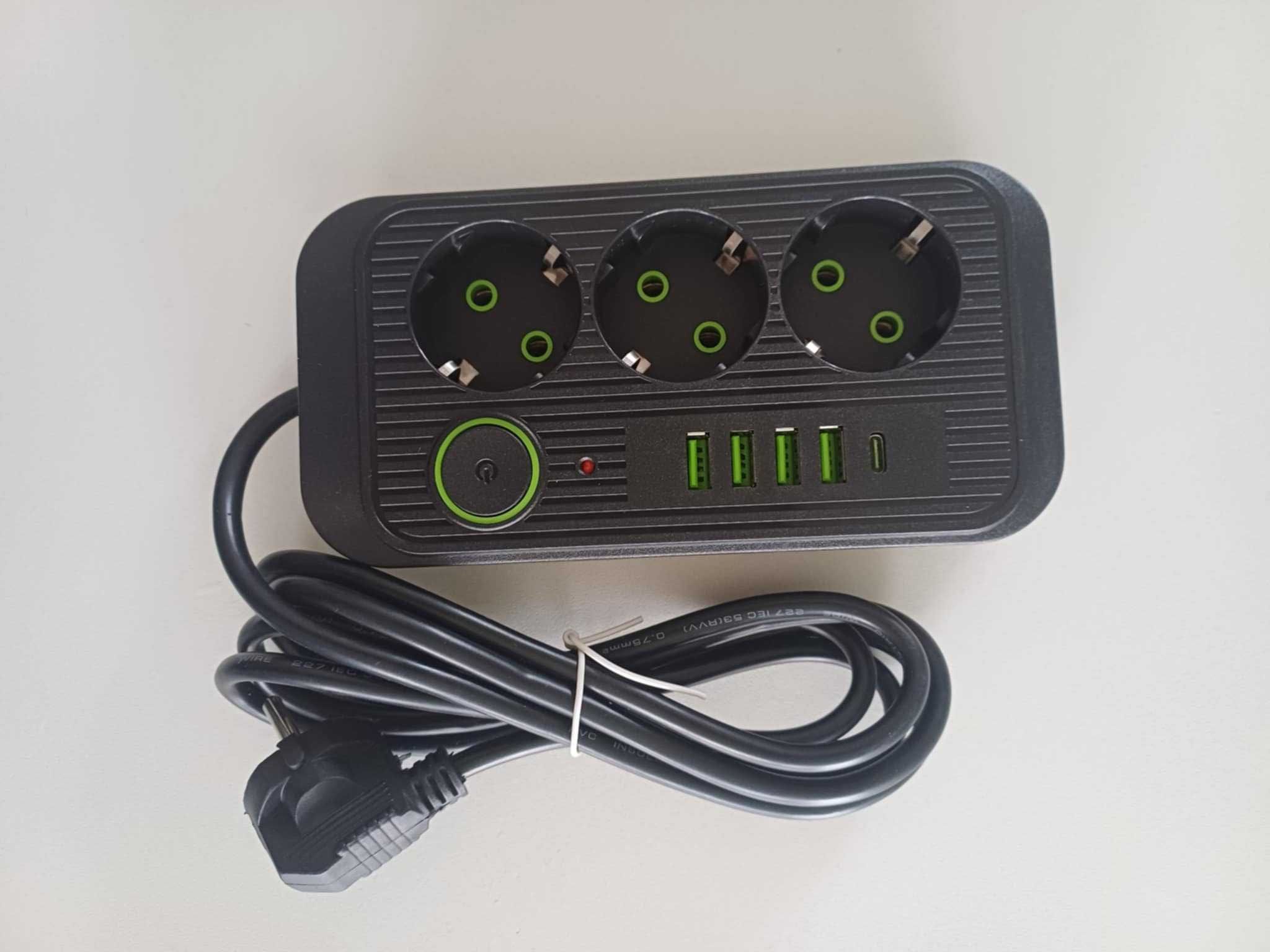 nowy Przedłużacz 4xUSB-A +1xUSB-C + wyłącznik czarny + 3 GNIAZDA