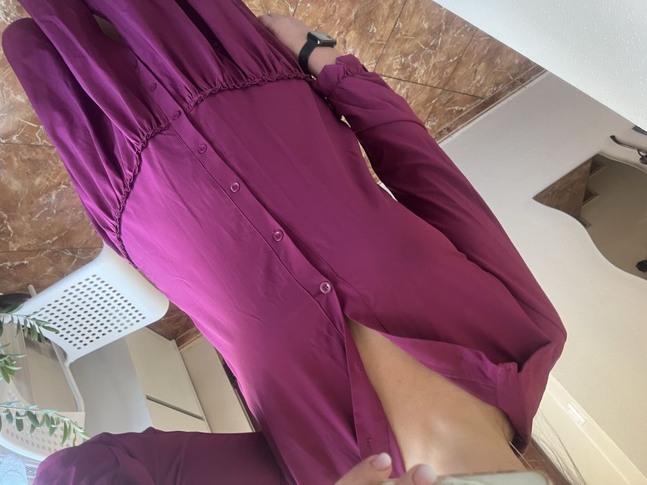 Fioletowa sukienka M midi elegancka koszulowa