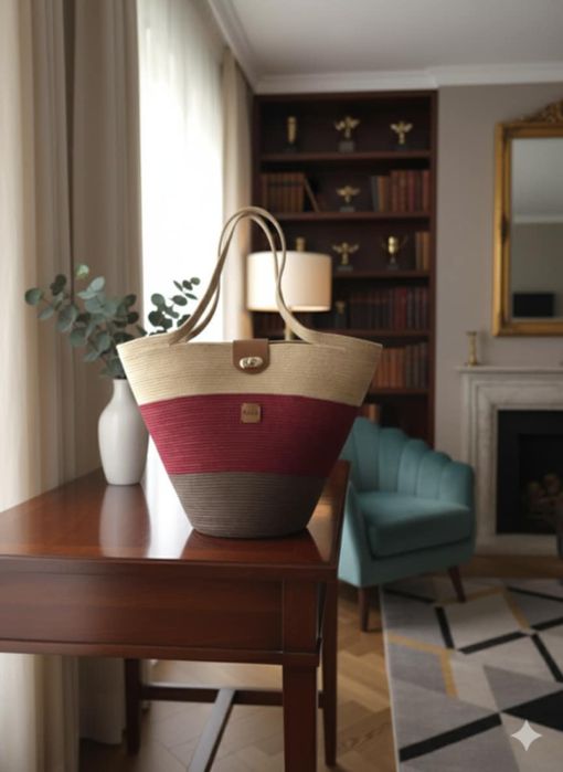 Piekna torebka kosz miejski ze sznurka bordo kawy i karmelu