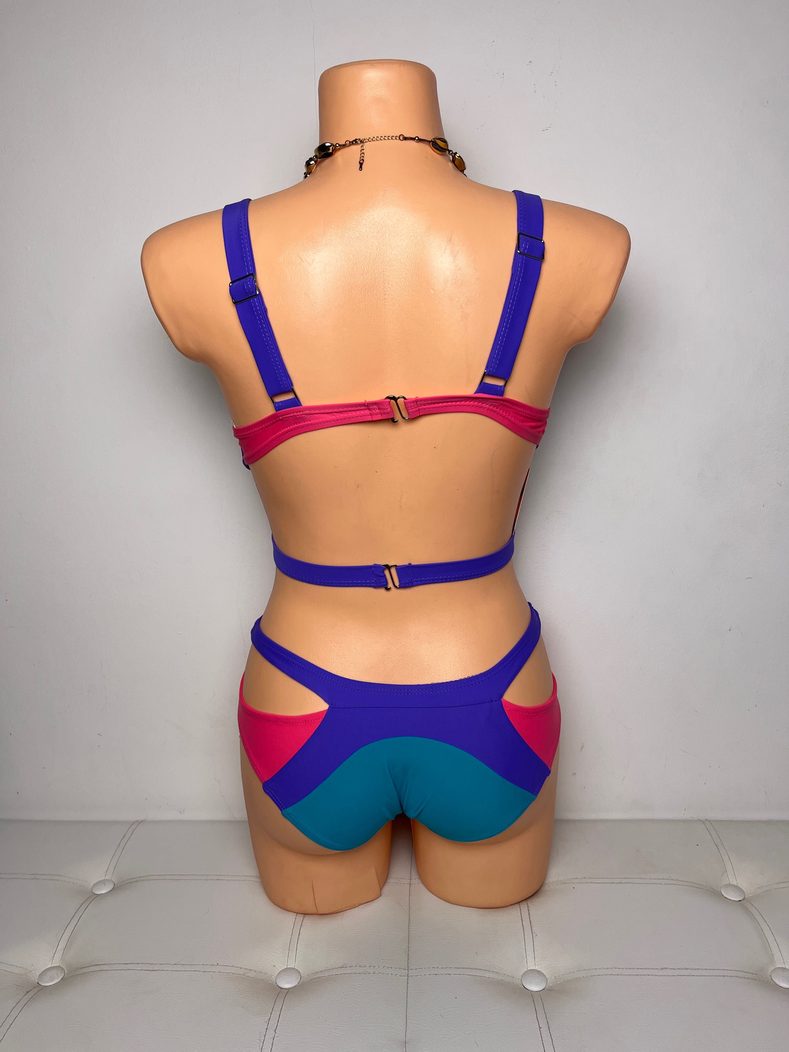 Strój kąpielowy bikini paski wycięcia neon S 36