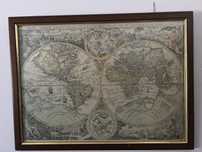 Old map picture with wood frame. The world in xvi century