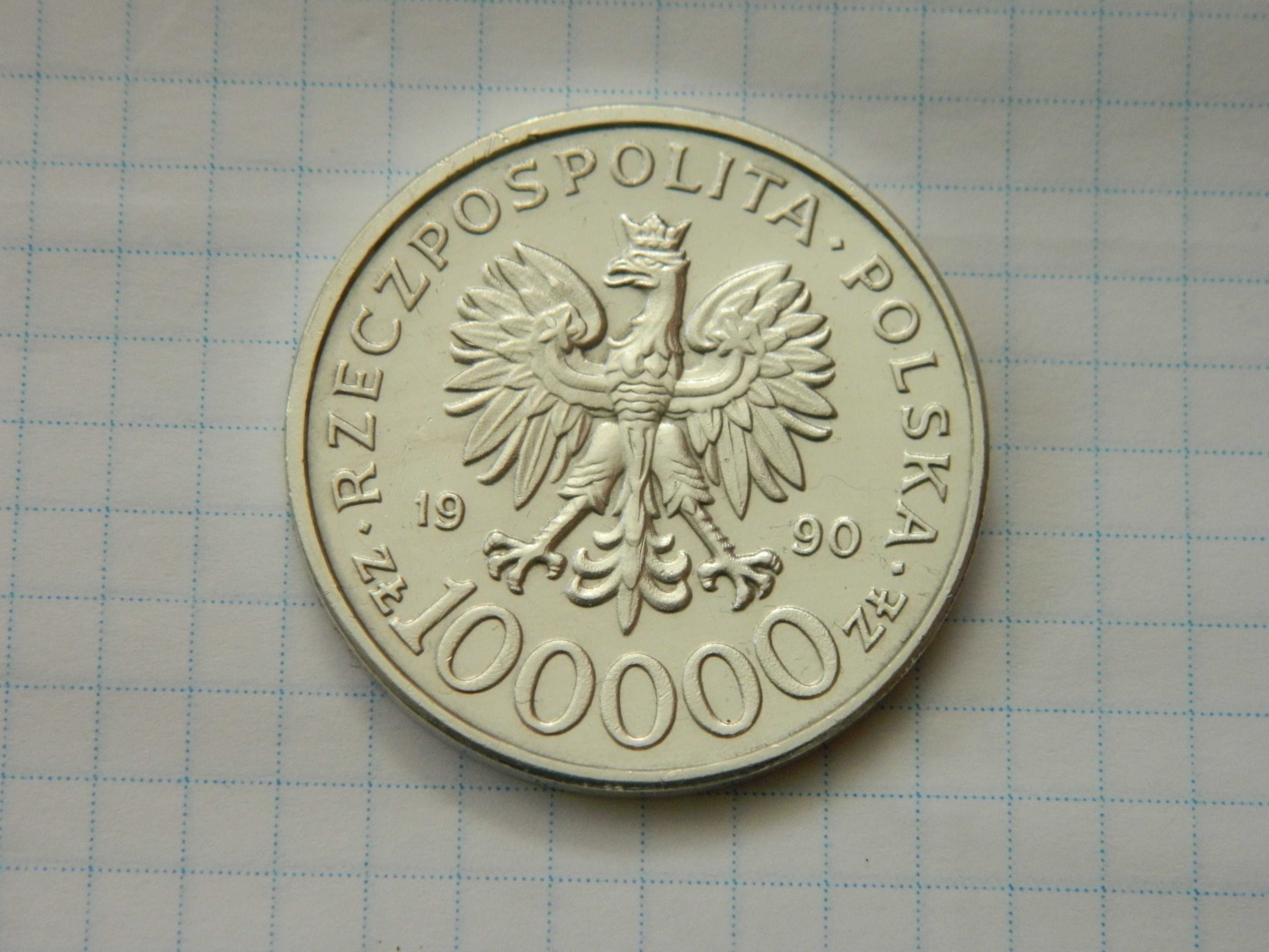 100 000 злотих 1990 року. Солідарність.  Польща. Срібло 999проби.