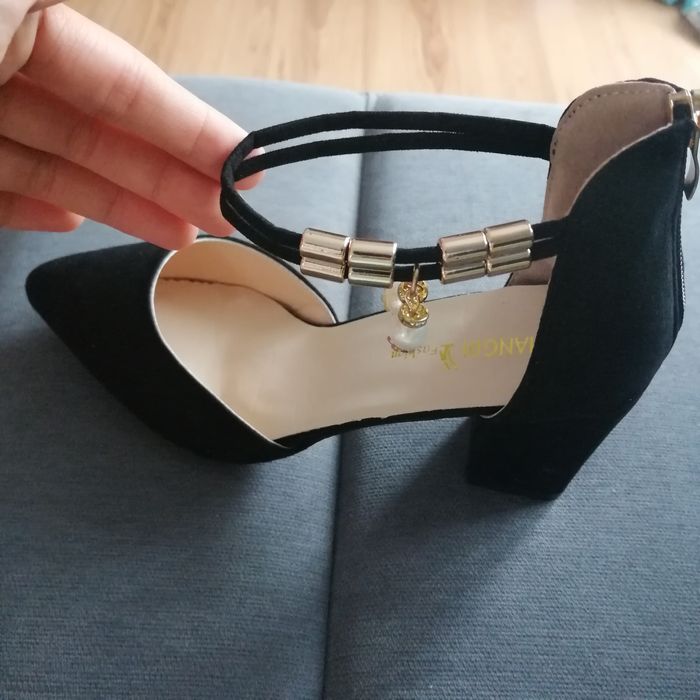 Czółenka buty sandały 38 nowe czarne pasek perełki