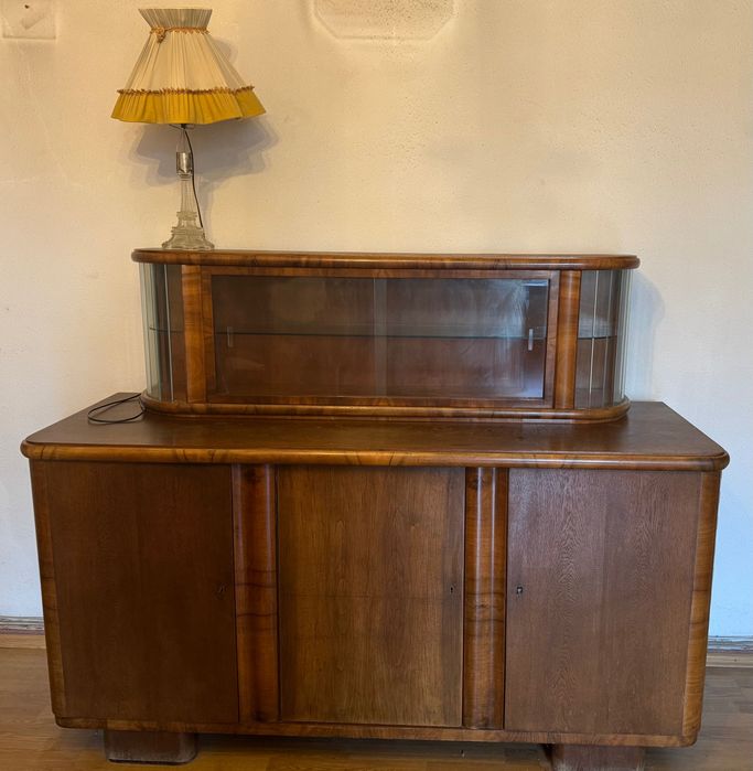 Kredens komoda PRL z nadstawką art deco na szkło