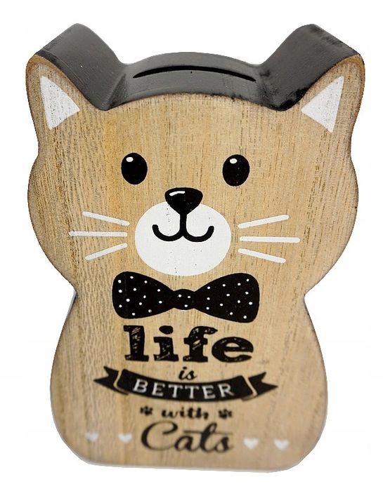 wyjątkowa skarbonka drewno zabawny kotek 15x10cm.