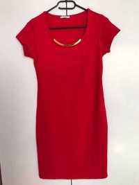 Czerwona gladka klasyczna obcisla sukienka bawelniana damska M 38