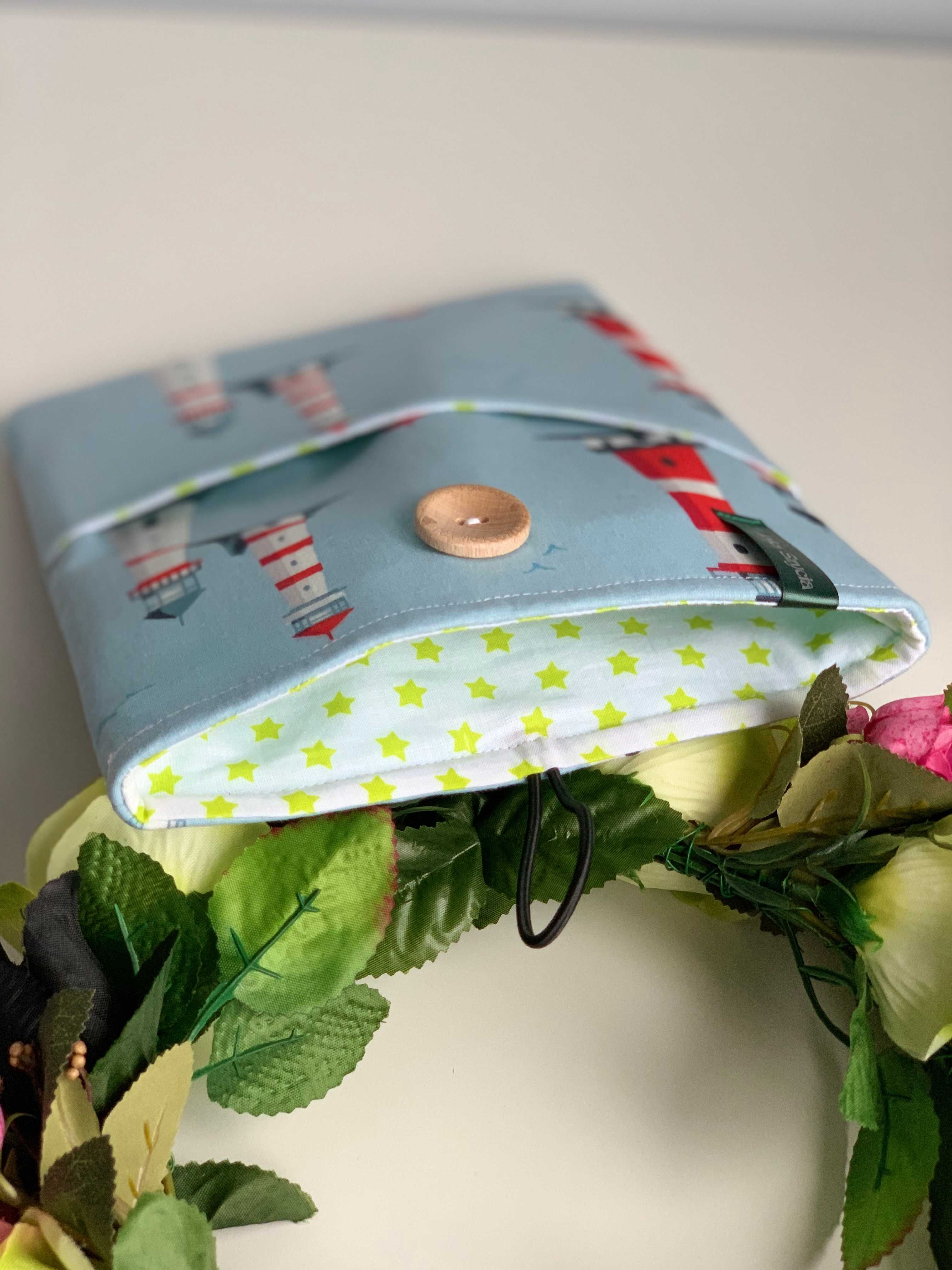 Etui na książkę, book sleeve, ze wzorem latarni morskich, HANDMADE