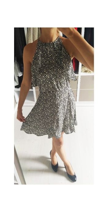 NOWA Zara kwiatowa sukienka wzór biały czarny falbany zwiewna 34/XS