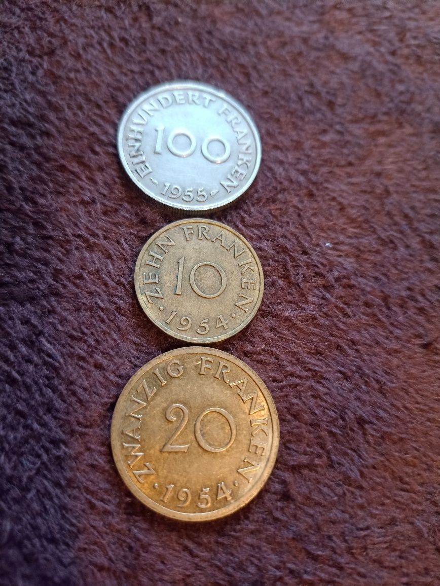 Saarland zestaw franków 100,20,10 1954,1955
