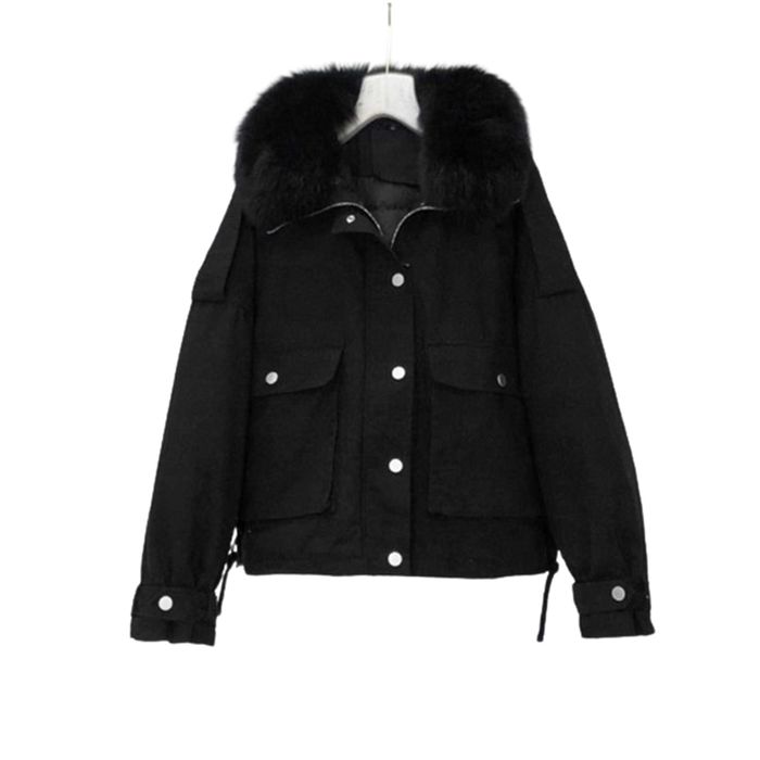 Kurtka parka damska czarna z futerkowym kołnierzem rozmiar M