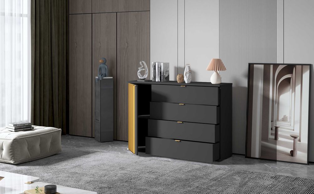DUŻA komoda do salonu CZARNE złote uchwyty lamele 120 cm z szufladami
