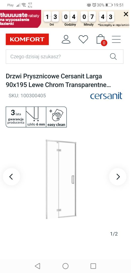 Drzwi prysznicowe 90 cersanit