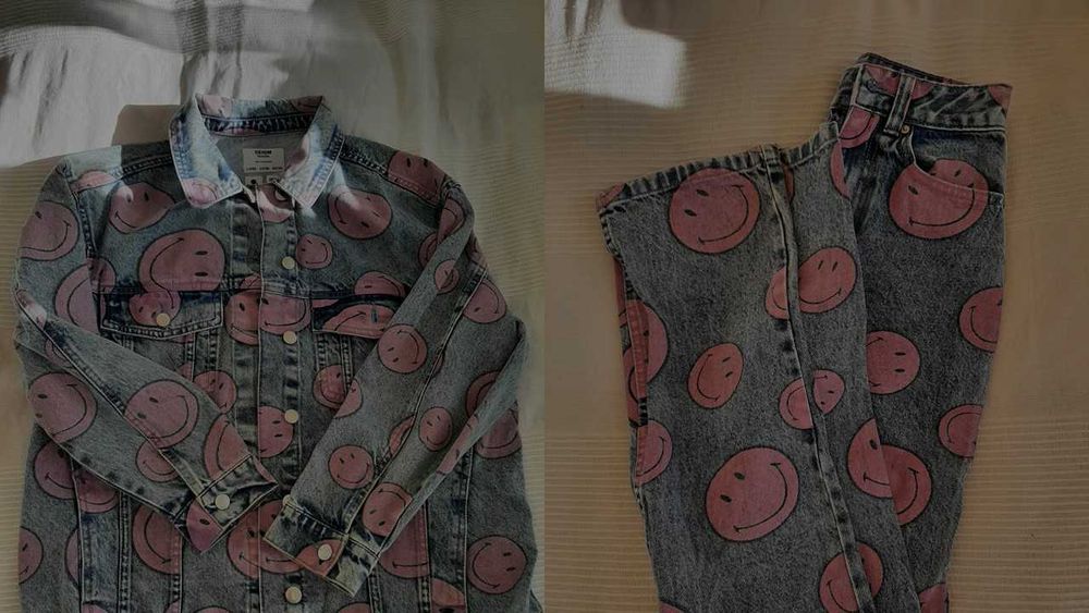 Komplet jeansowy Bershka Smile: kurtka XS i spodnie 32