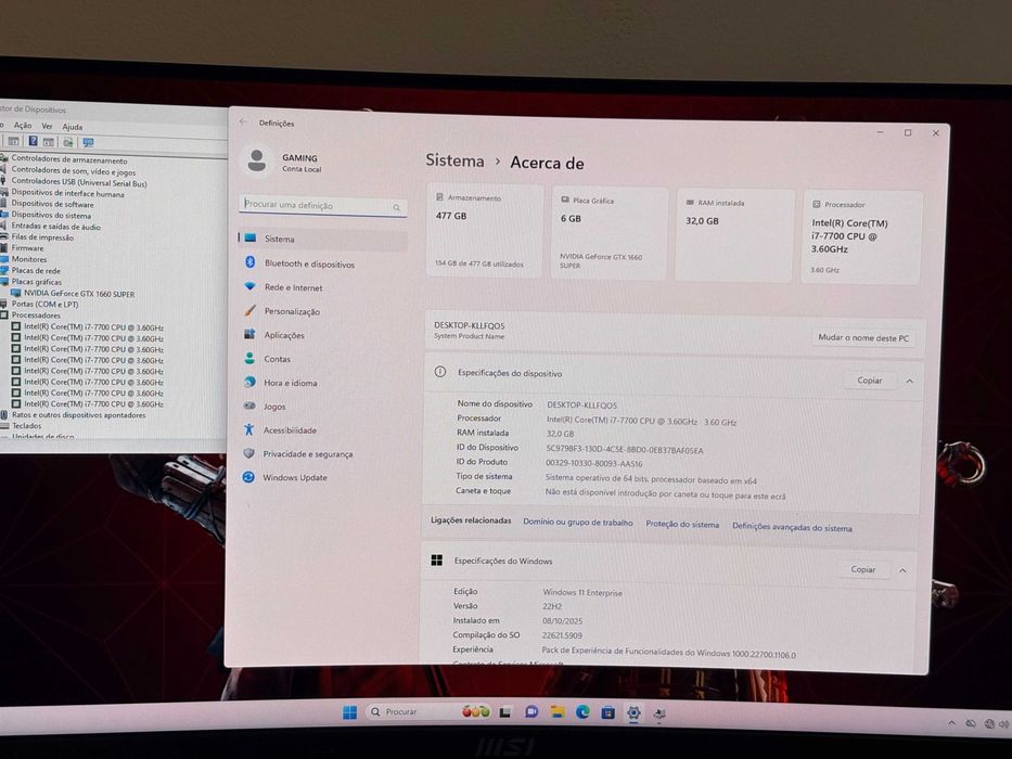 Pc/Gaming Core i7/Ram 32Gb/Nvidia 1660 6 Gb/Monitor Msi 24" Curvo