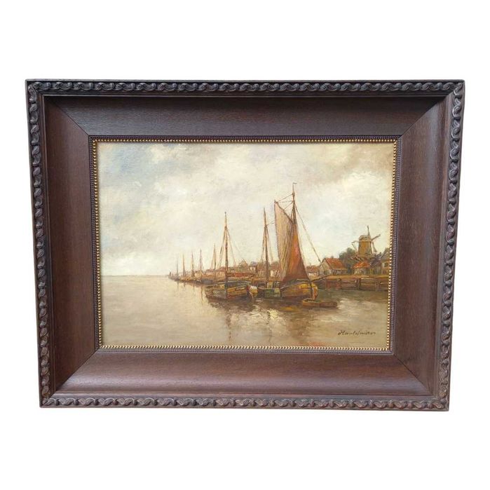 Łodzie przy brzegu, olej/płótno, Hans Harlander ur.1880 zm.1943