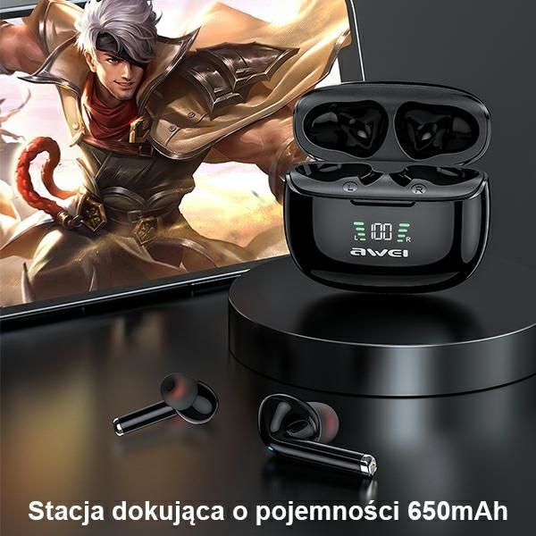 Awei Słuchawki Sportowe Bluetooth 5.2 Ta8 Tws + Stacja Dokująca Czarny