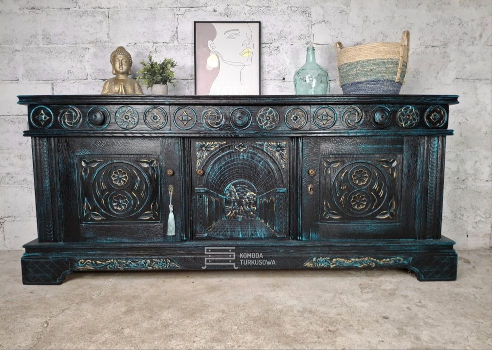 Komoda dębowa, rzeźbiona, ANTYK, , turkusowa, kwiat życia