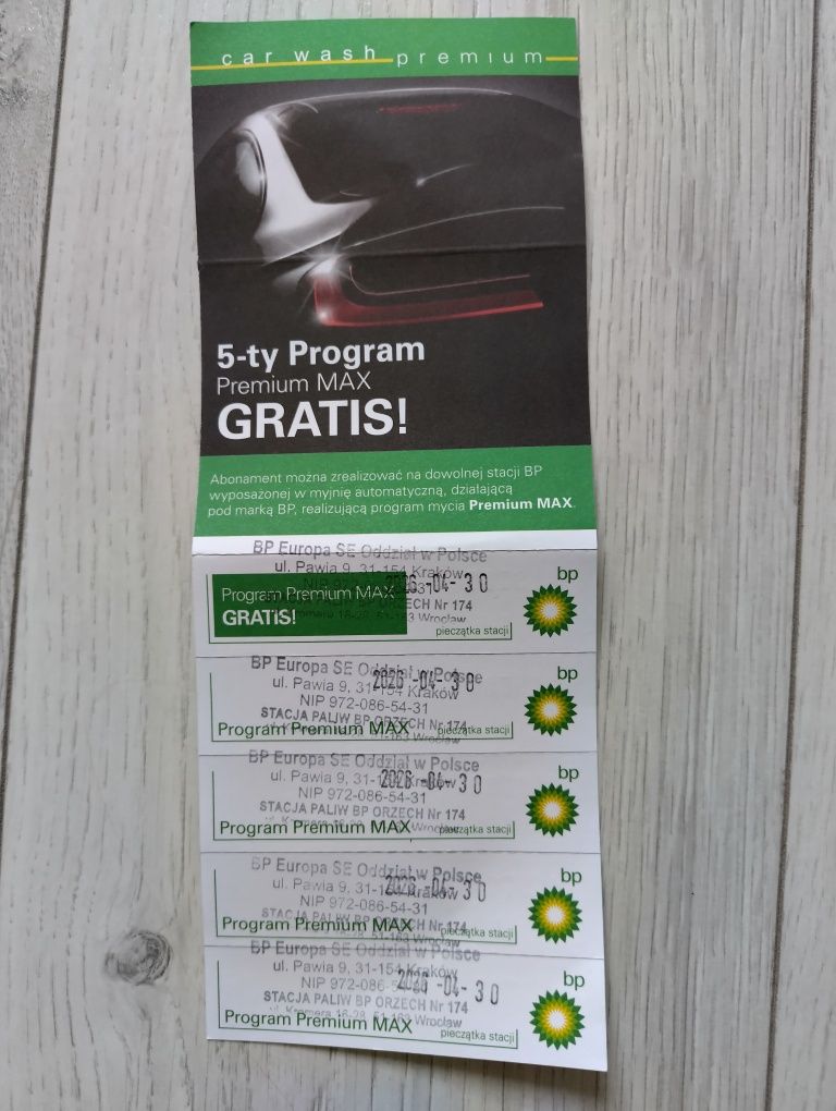Karnet Myjnia automatyczna BP – 5x Program premium MAX