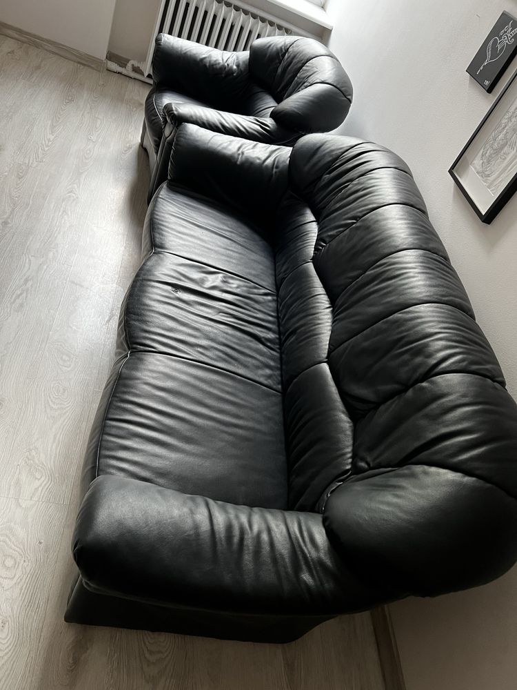Fotel i sofa 3os nierozkładana, skóra czarne Poznań