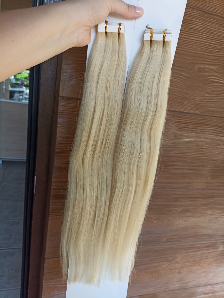 Włosy naturalne tape on słowiańskie jasny blond 50cm 100gram