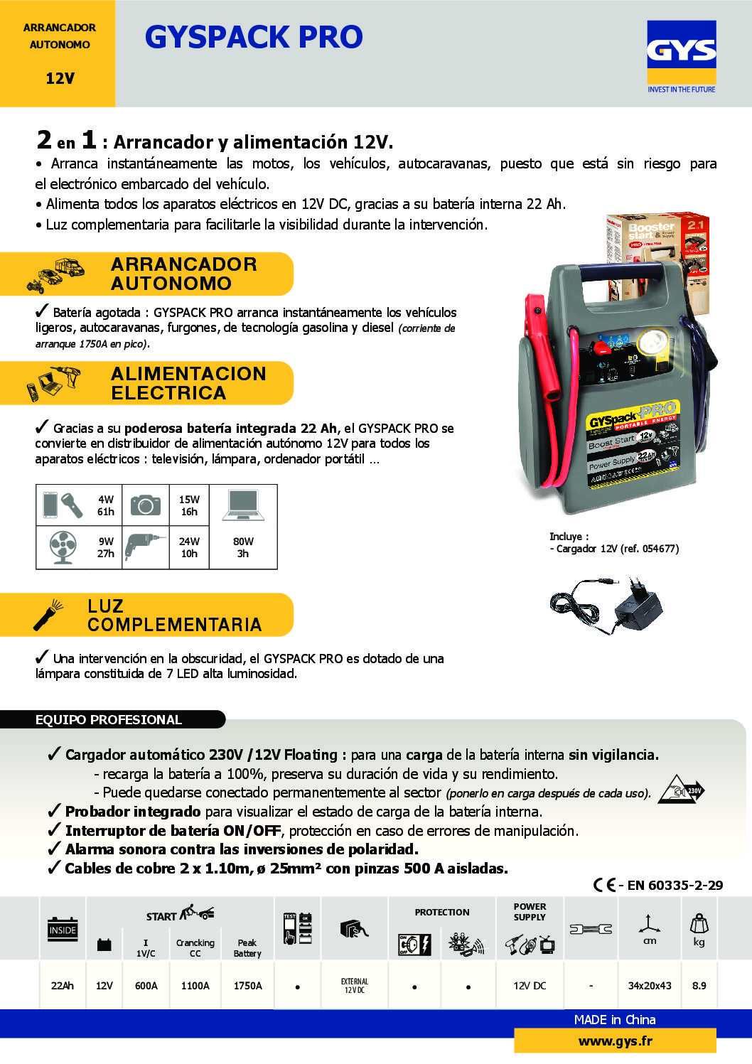 Booster GYSPACK PRO + carregador 12 V  1750 Amperes de arranque