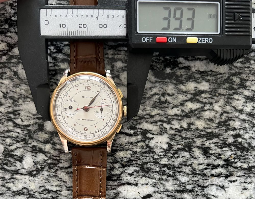 Złoty zegarek 18 karat 750 Temporis chronograf 38 mm 1950- 1960r.