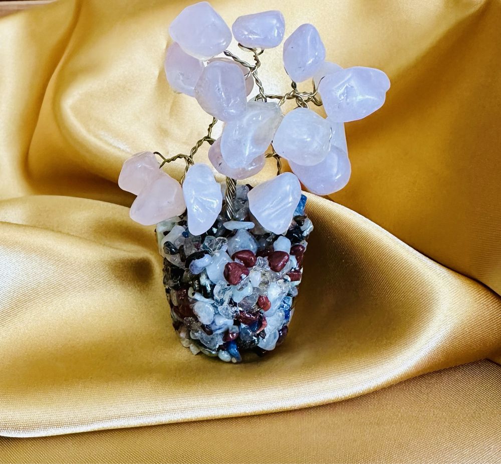 Bonsai de Quartzo rosa e base de mistura de cristais (novo)