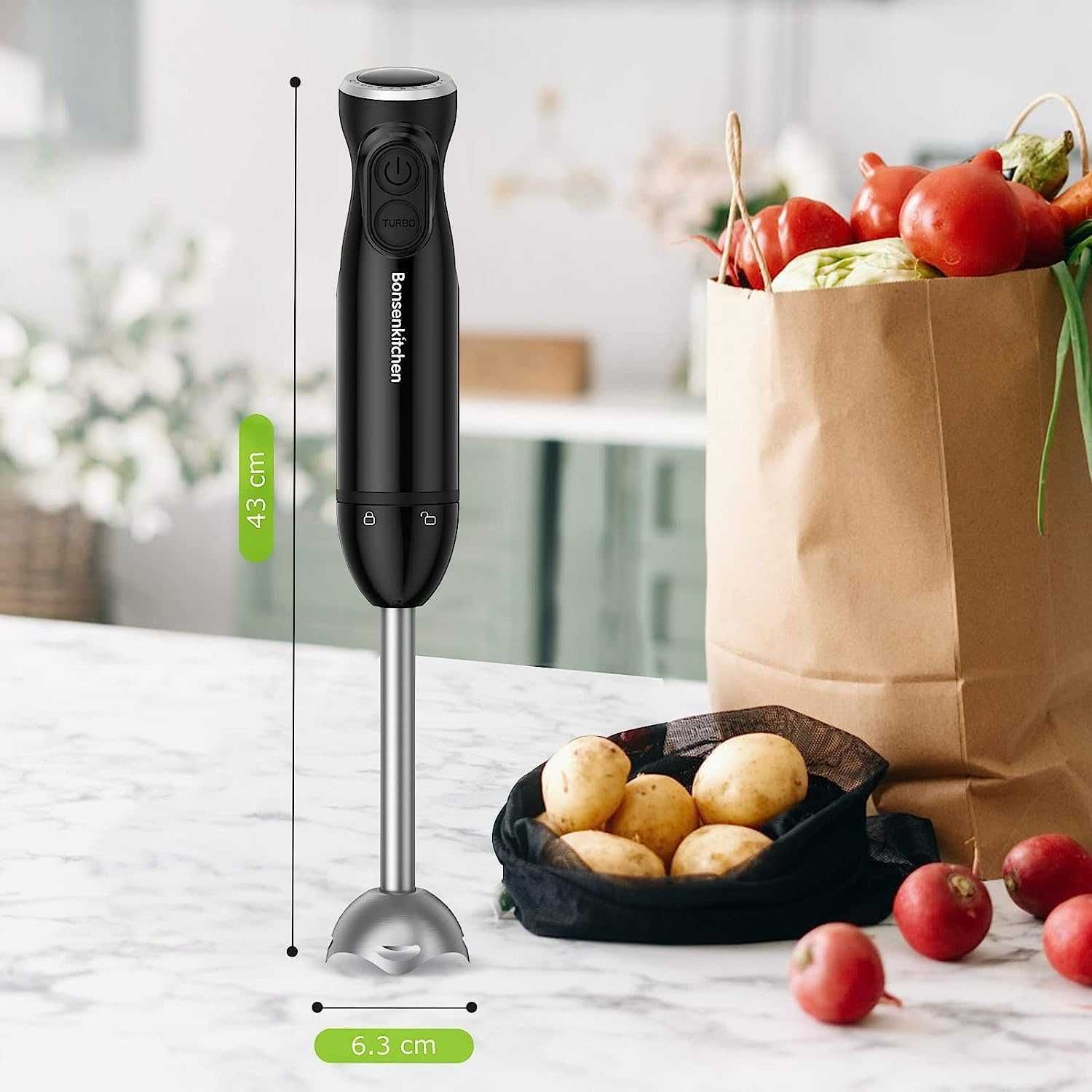 Bonsenkitchen Blender ręczny, 1000 W, stal nierdzewna, reg. prędkości