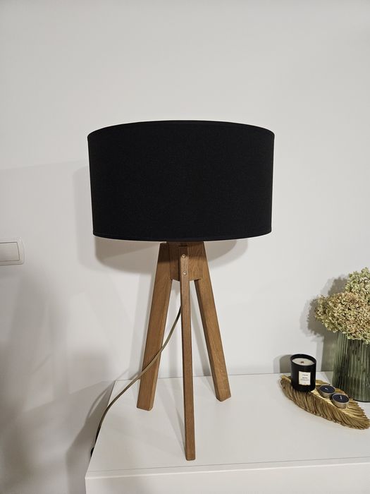 Lampa lampka stojąca nocna stołowa na komodę drewniana dębowa trójnóg