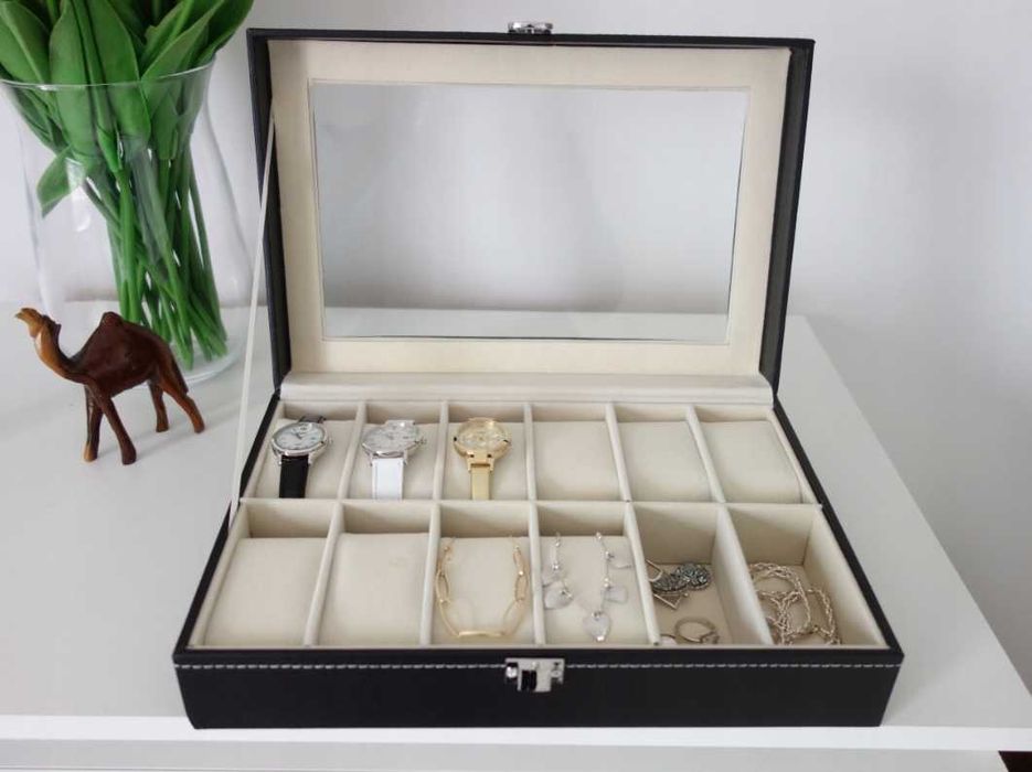 Szkatułka Organizer Etui Na Zegarki Biżuterię Drewniana + Gratis Notes