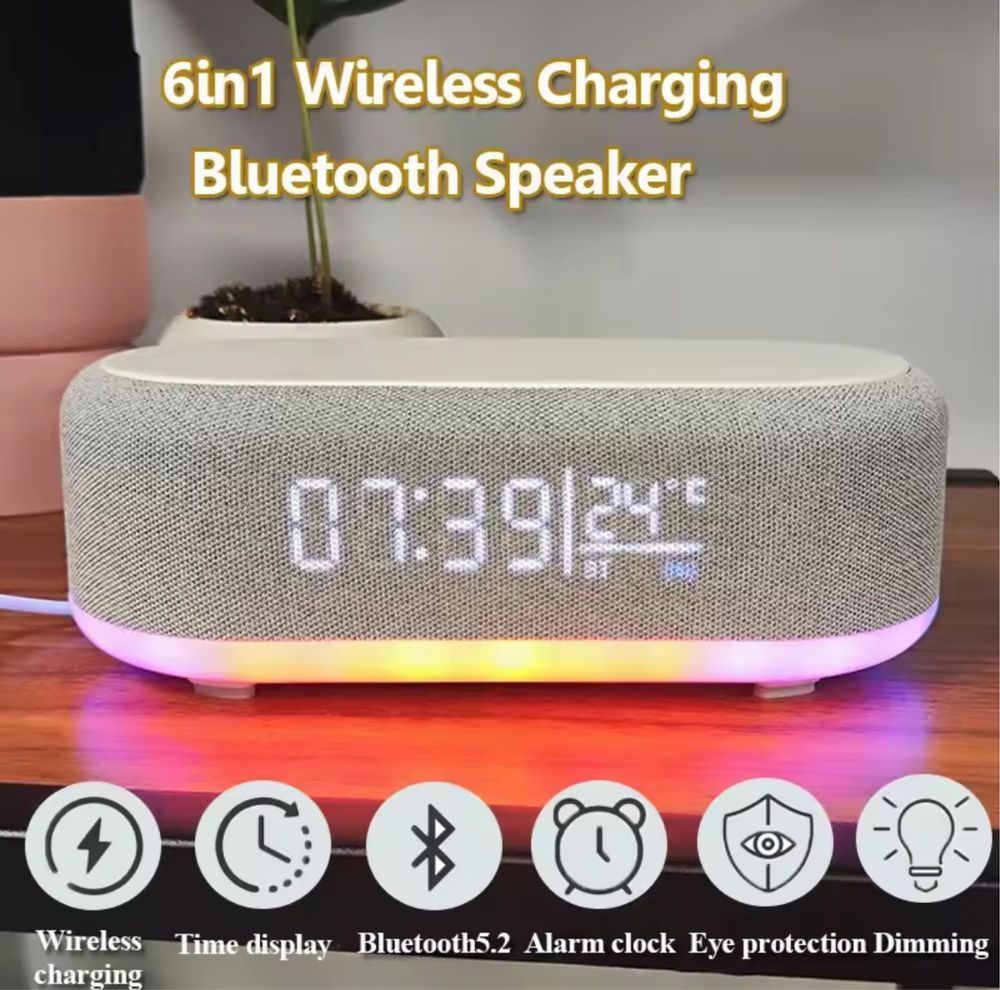 Głośnik Bluetooth 6 w 1 z zegarem Bezprzewodowa ładowarka 15 W
