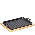Patelnia grillowa na podstawce, 32 x 22 x 3,5 cm, żeliwo/drewno sosnow